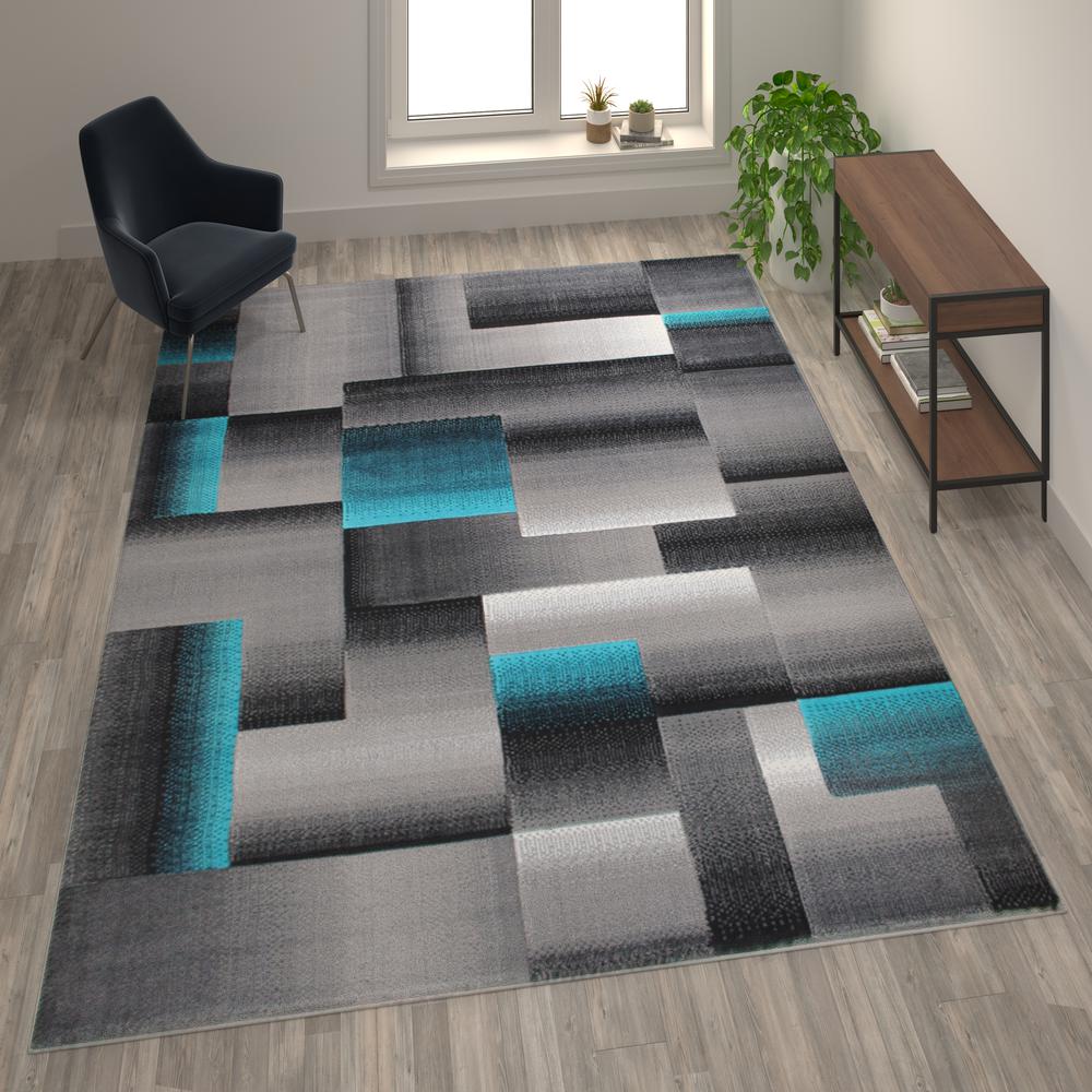 8' x 10' Turquoise Color Blocked Area Rug - Olefin Rug. Picture 2