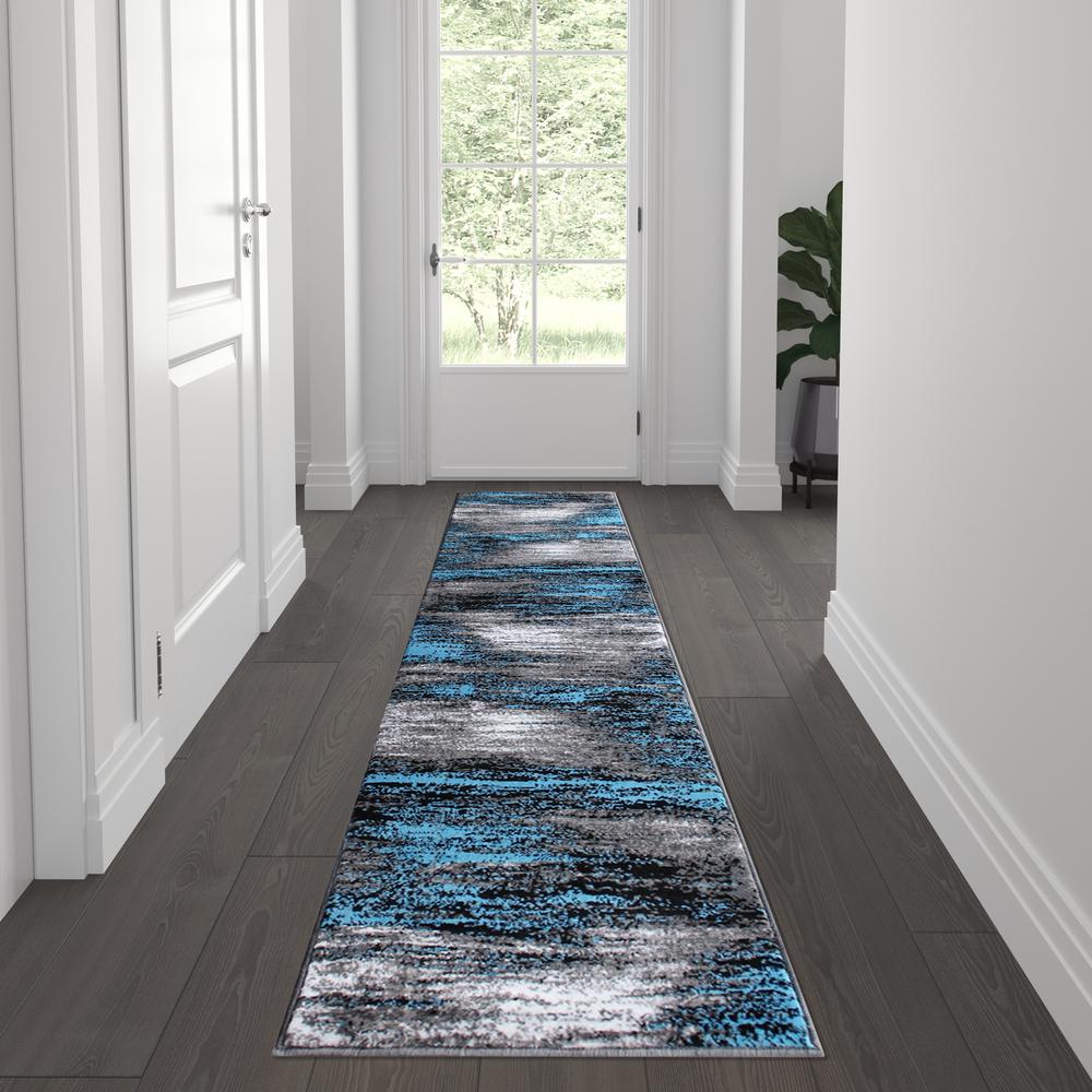 Rylan Collection 2' x 7' Blue Abstract Area Rug - Olefin Rug with Jute Backing for Hallway, Entryway, Bedroom, Living Room. Picture 2