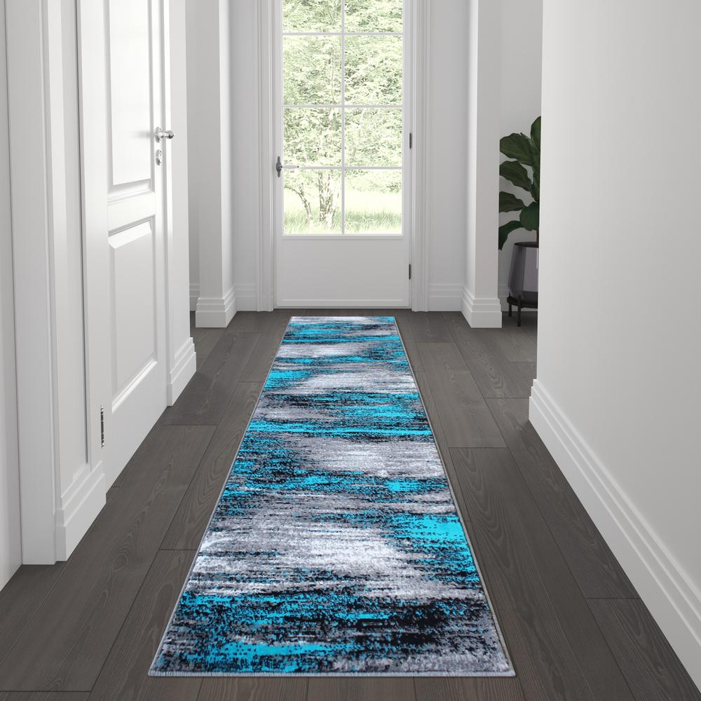 2' x 7' Turquoise Abstract Area Rug-Olefin Rug. Picture 2