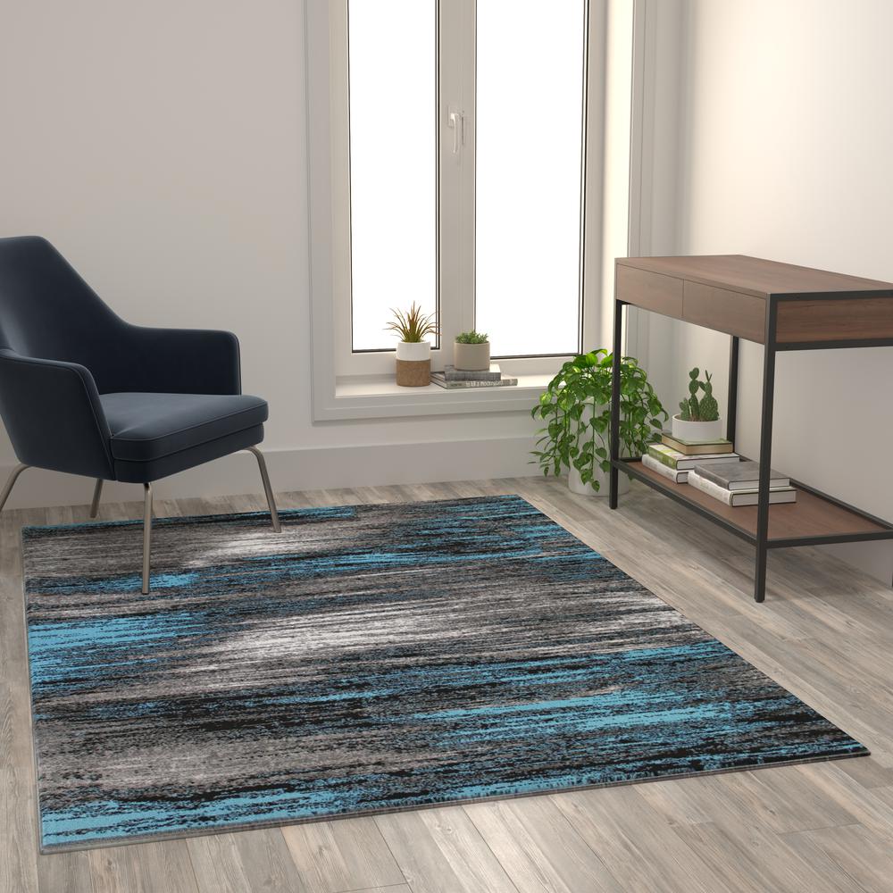 Rylan Collection 5' x 7' Blue Scraped Design Area Rug - Olefin Rug with Jute Backing - Living Room, Bedroom, Entryway. Picture 5