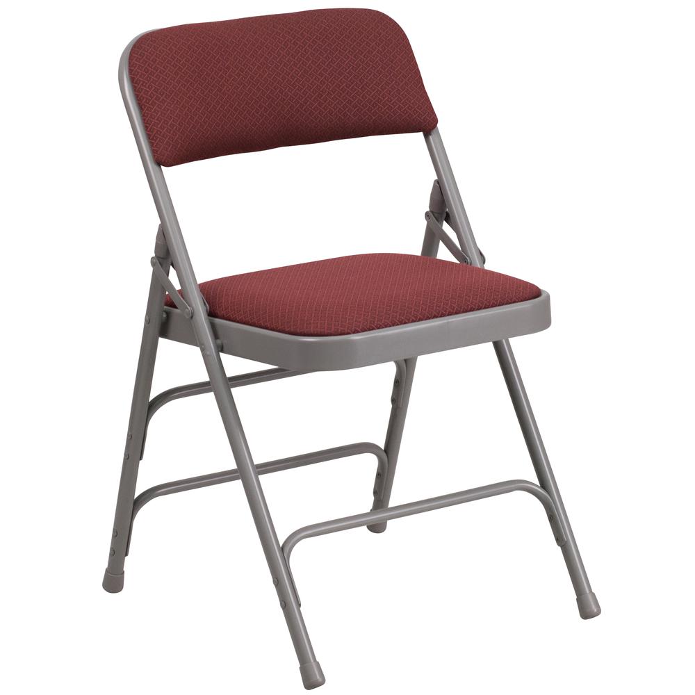 HERCULES Series Curved Triple Braced & Double Hinged Burgundy Patterned Fabric Metal Folding Chair. Picture 2