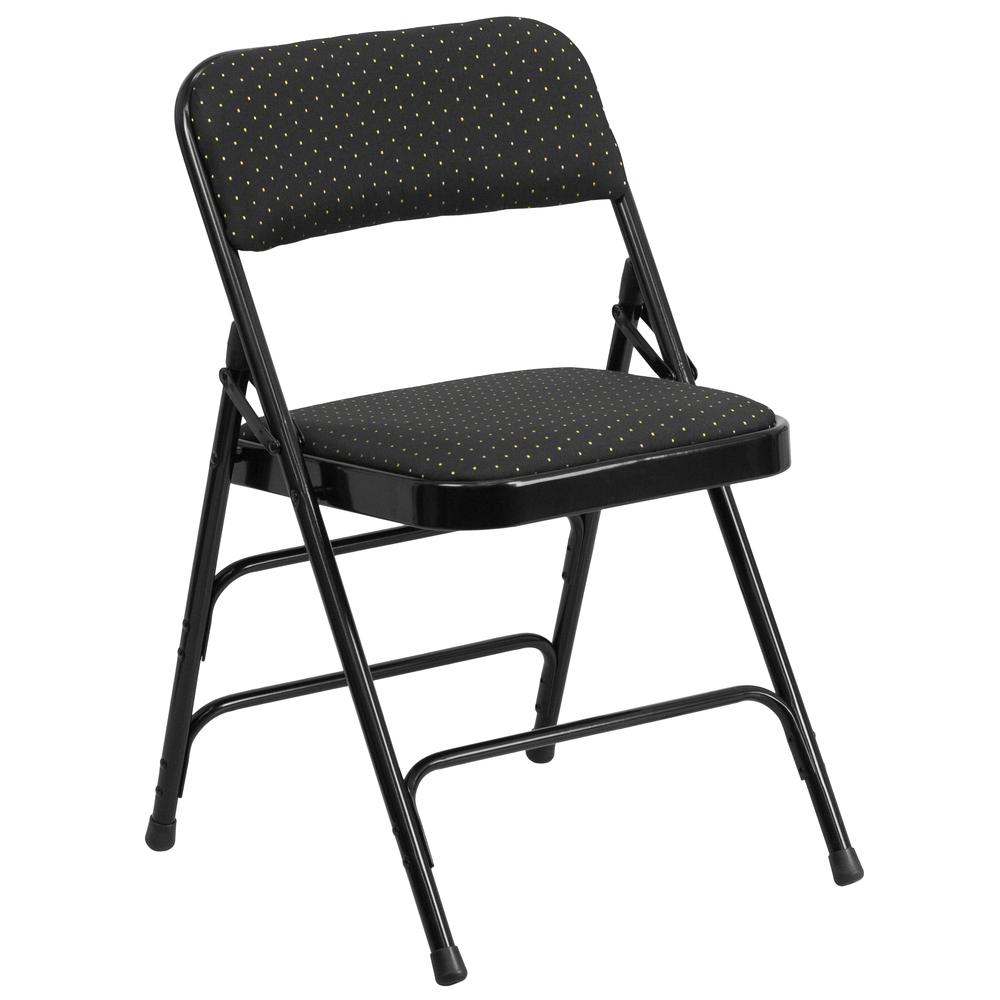HERCULES Series Curved Triple Braced & Double Hinged Black Patterned Fabric Metal Folding Chair. Picture 1