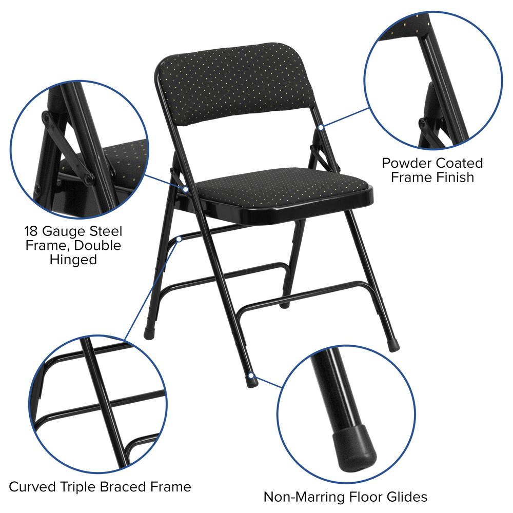 HERCULES Series Curved Triple Braced & Double Hinged Black Patterned Fabric Metal Folding Chair. Picture 3