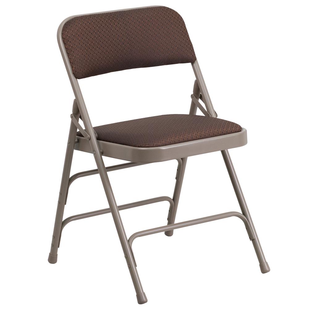 HERCULES Series Curved Triple Braced & Double Hinged Brown Patterned Fabric Metal Folding Chair. The main picture.