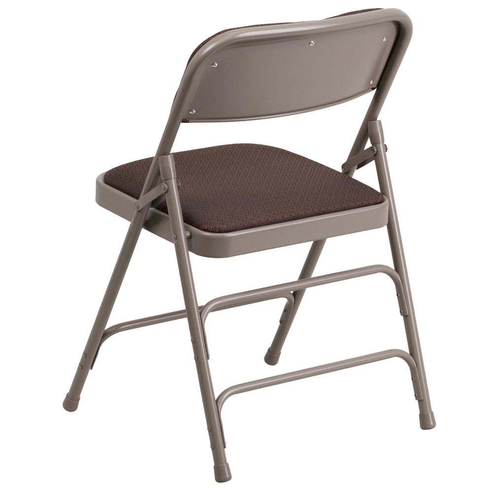 HERCULES Series Curved Triple Braced & Double Hinged Brown Patterned Fabric Metal Folding Chair. Picture 5