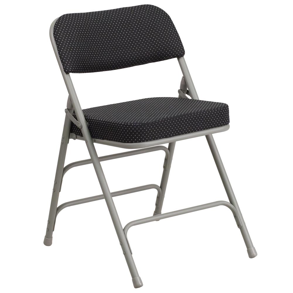 HERCULES Series Premium Curved Triple Braced & Double Hinged Black Pin-Dot Fabric Metal Folding Chair. Picture 1