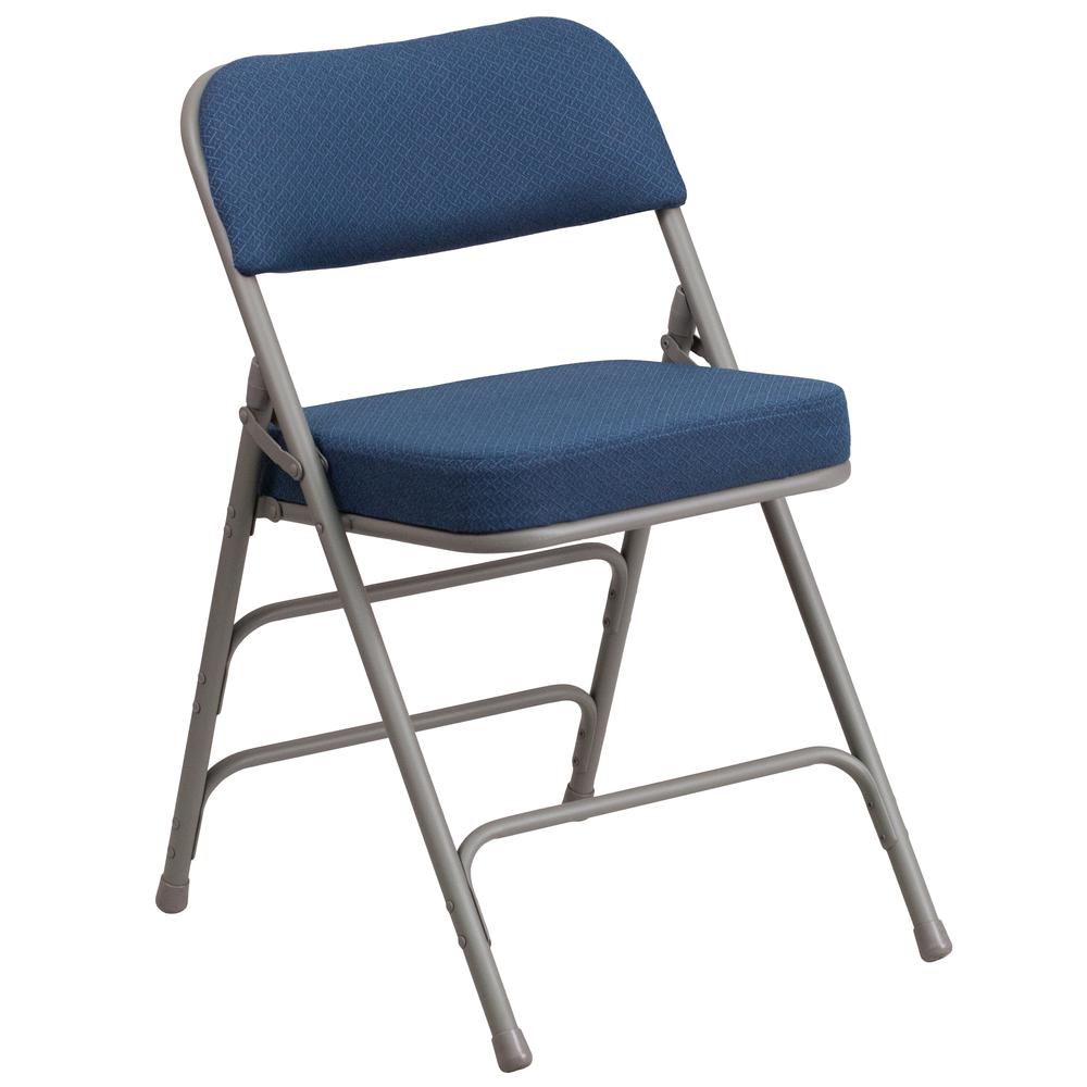 18"W Premium Curved Triple Braced & Double Hinged Navy Fabric Metal Folding Chair. Picture 10