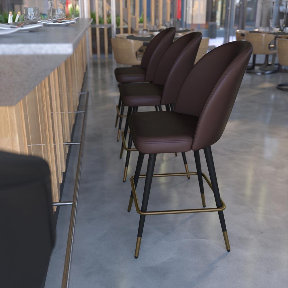 Lyla Set of 2 Commercial High Back Modern Armless 26" Counter Stools with Contoured Backrests, Steel Frames and Footrests, Brown LeatherSoft-Set of 2. Picture 7
