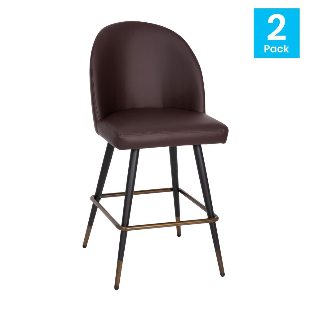 Lyla Set of 2 Commercial High Back Modern Armless 26" Counter Stools with Contoured Backrests, Steel Frames and Footrests, Brown LeatherSoft-Set of 2. Picture 2
