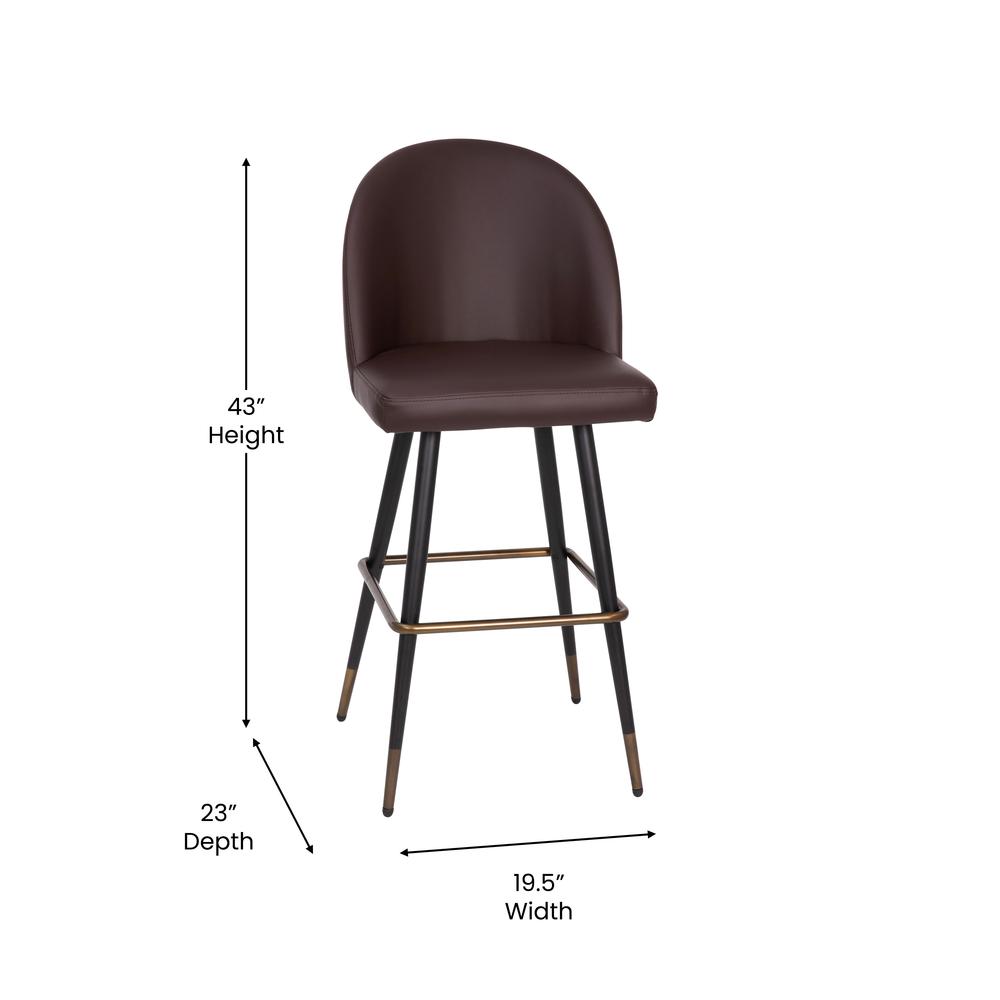 Lyla 30" Commercial Grade High Back Modern Armless Barstools with Contoured Backrest, Steel Frame and Integrated Footrest, Brown LeatherSoft-Set of 2. Picture 6
