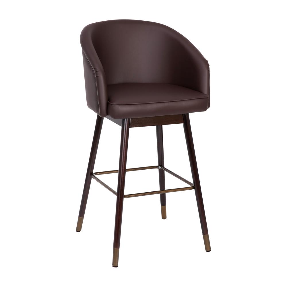 Margo 30" Commercial Grade Mid-Back Modern Barstool with Walnut Finish Beechwood Legs and Curved Back, Brown LeatherSoft with Muted Bronze Accents. Picture 2