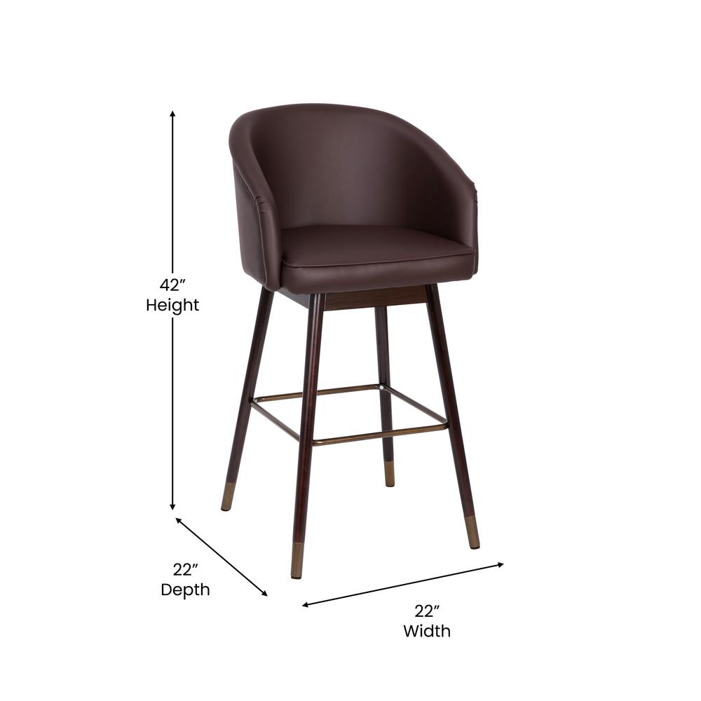 Margo 30" Commercial Grade Mid-Back Modern Barstool with Walnut Finish Beechwood Legs and Curved Back, Brown LeatherSoft with Muted Bronze Accents. Picture 5