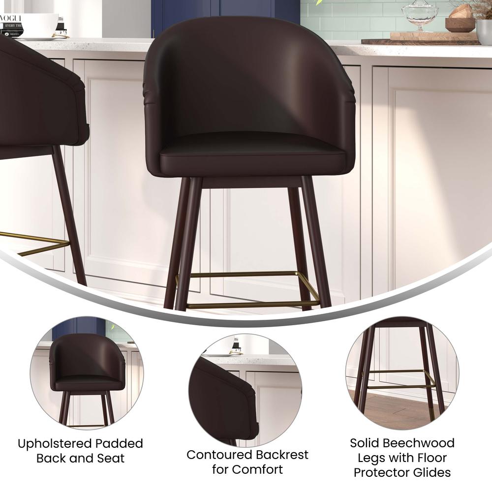 Margo 30" Commercial Grade Mid-Back Modern Barstool with Walnut Finish Beechwood Legs and Curved Back, Brown LeatherSoft with Muted Bronze Accents. Picture 4