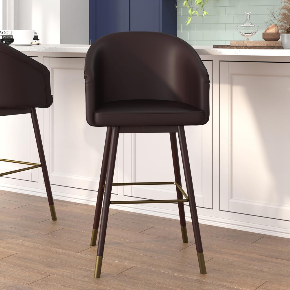 Margo 30" Commercial Grade Mid-Back Modern Barstool with Walnut Finish Beechwood Legs and Curved Back, Brown LeatherSoft with Muted Bronze Accents. The main picture.