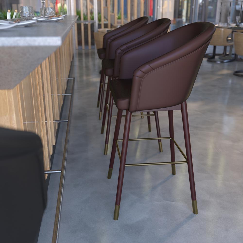 Margo 30" Commercial Grade Mid-Back Modern Barstool with Walnut Finish Beechwood Legs and Curved Back, Brown LeatherSoft with Muted Bronze Accents. Picture 6