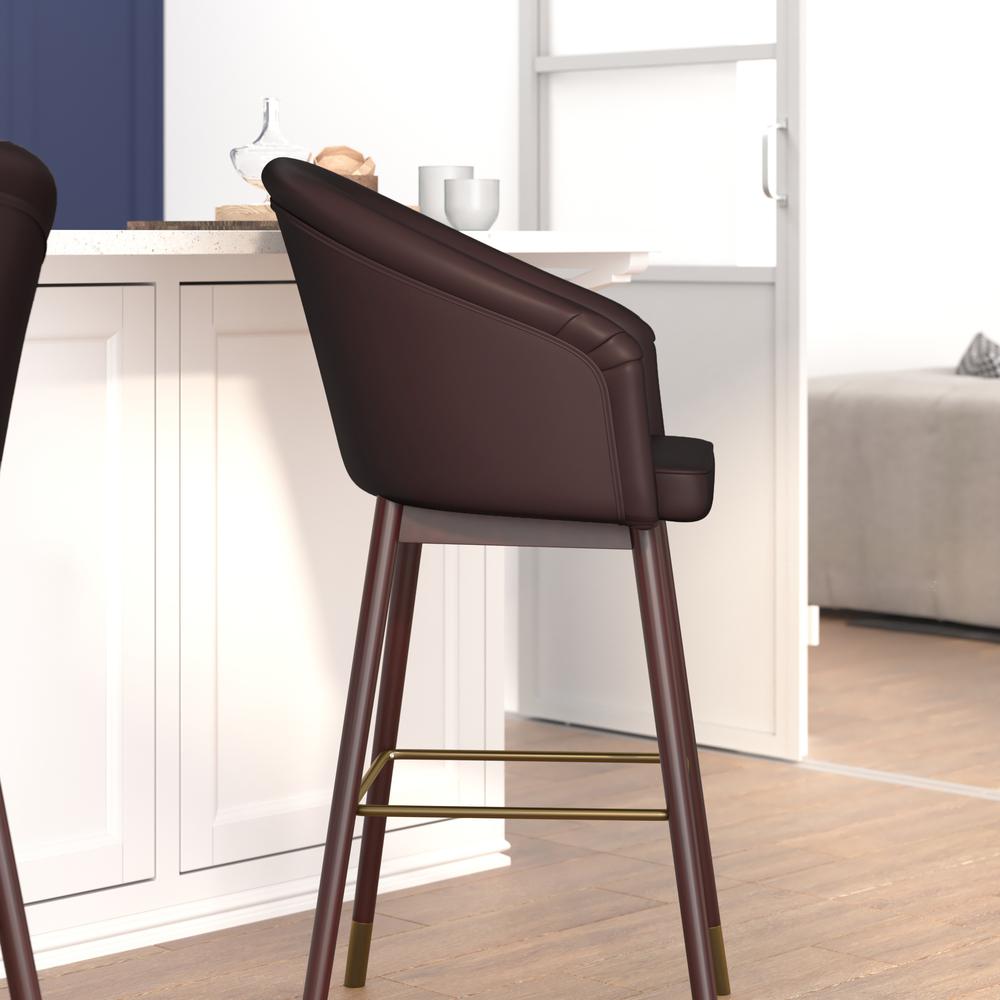 Margo 30" Commercial Grade Mid-Back Modern Barstool with Walnut Finish Beechwood Legs and Curved Back, Brown LeatherSoft with Muted Bronze Accents. Picture 7