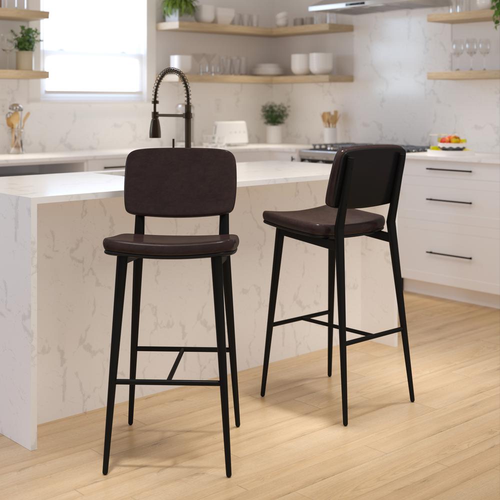 Mid-Back Barstools - Brown Upholstery - Black Iron Frame - Set of 2. Picture 2