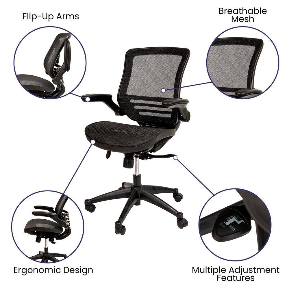 Mid-Back Transparent Black Mesh Executive Swivel Office Chair with Black Frame and Flip-Up Arms. Picture 6
