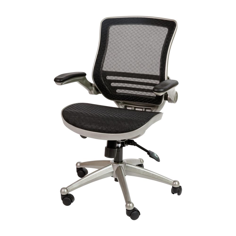 Mid-Back Transparent Black Mesh Executive Swivel Office Chair with Graphite Silver Frame and Flip-Up Arms. Picture 2