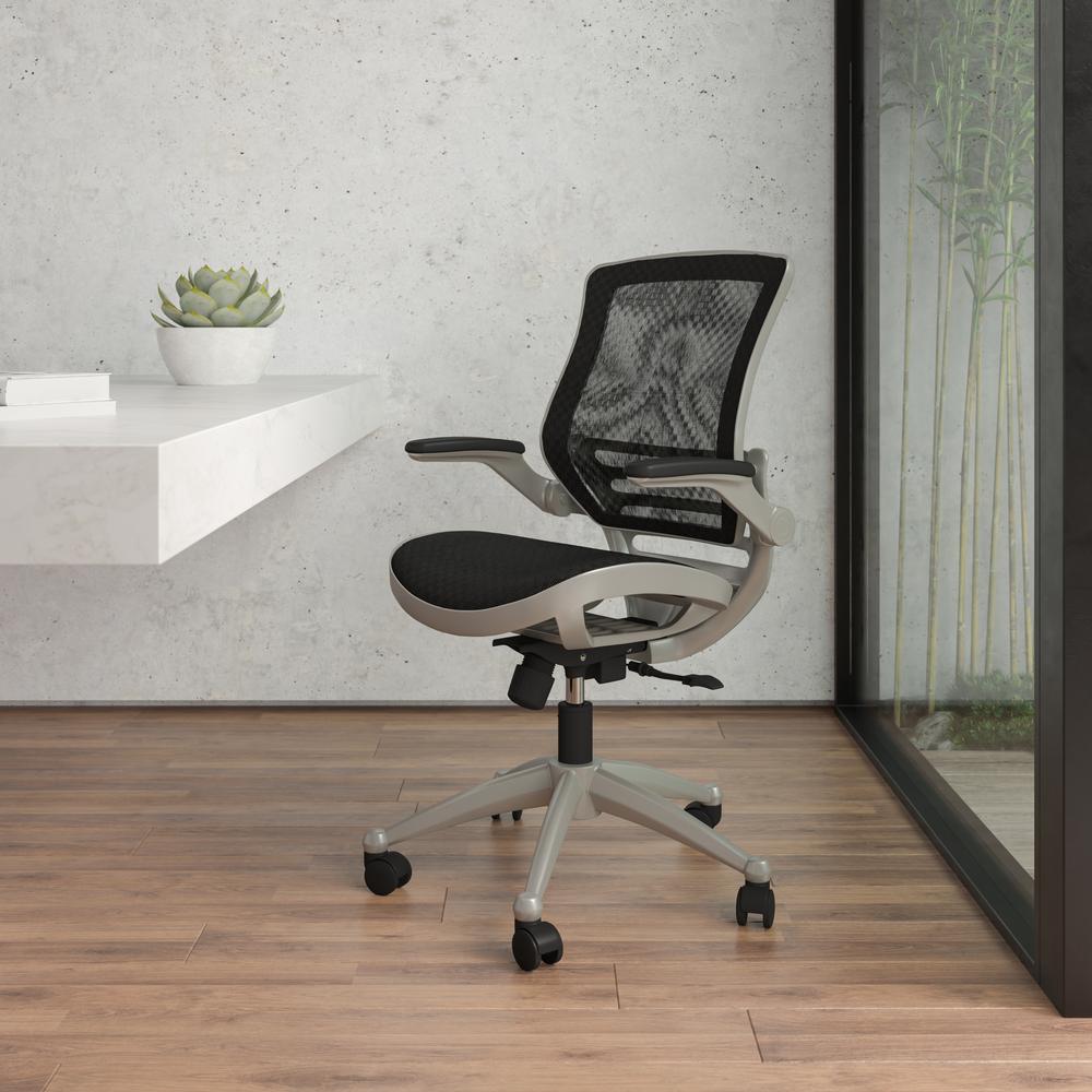 Mid-Back Transparent Black Mesh Executive Swivel Office Chair with Graphite Silver Frame and Flip-Up Arms. The main picture.