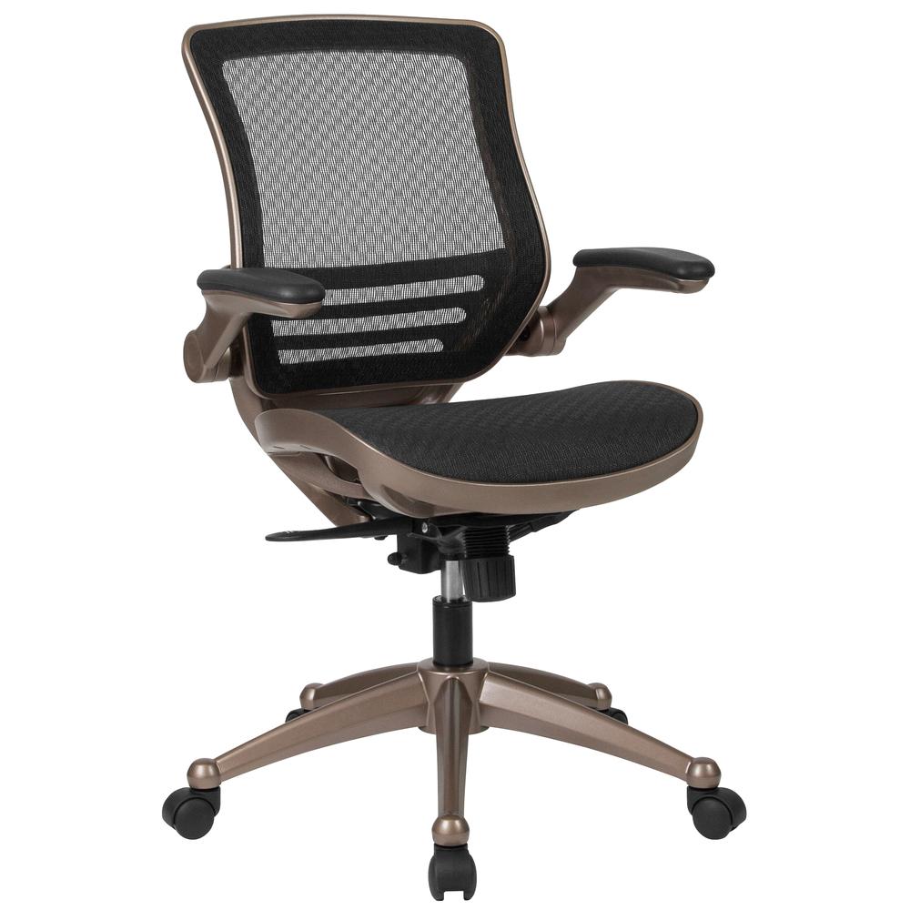 Mid-Back Transparent Black Mesh Executive Swivel Office Chair with Melrose Gold Frame and Flip-Up Arms. The main picture.