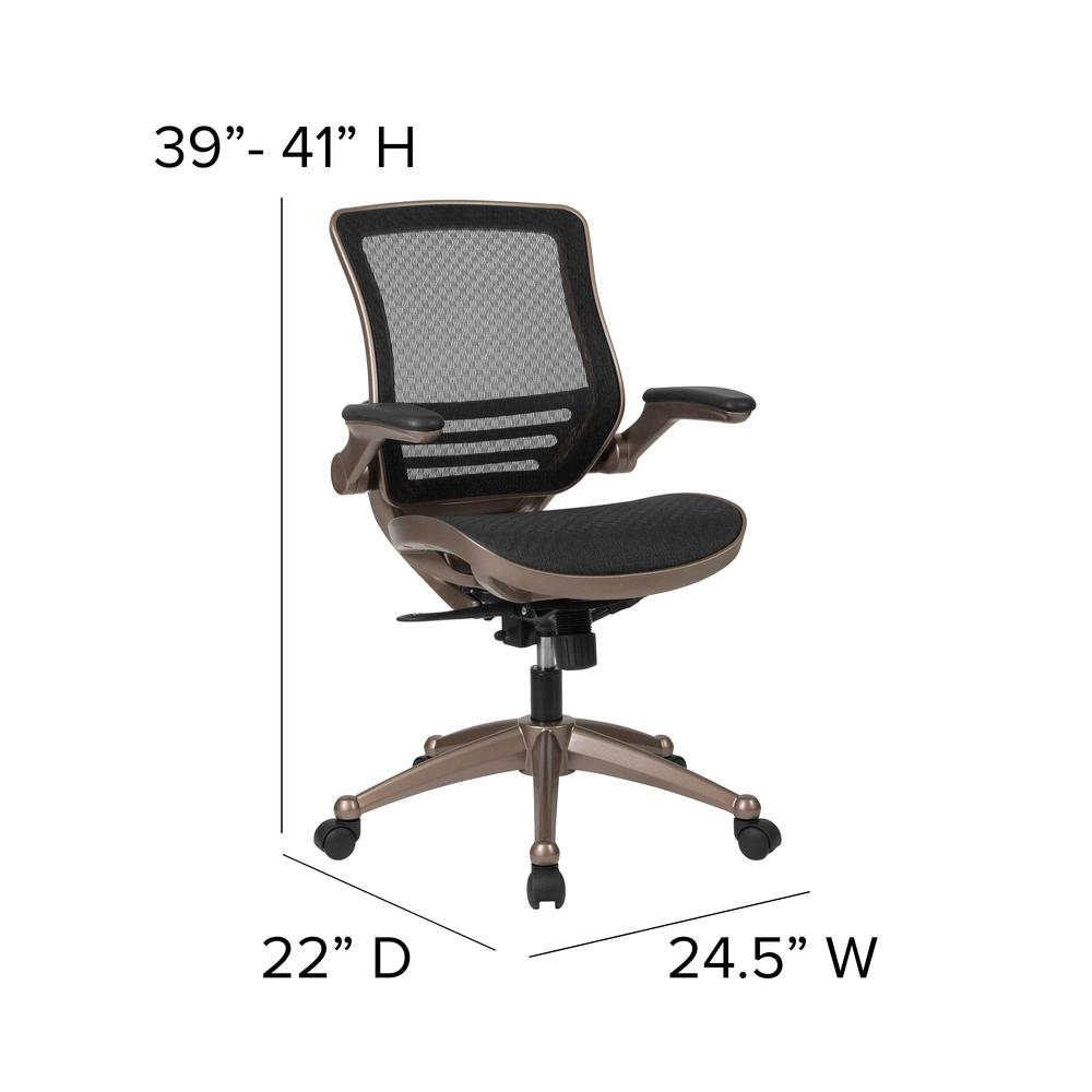 Mid-Back Transparent Black Mesh Executive Swivel Office Chair with Melrose Gold Frame and Flip-Up Arms. Picture 2