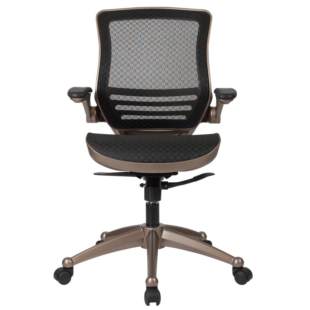 Mid-Back Transparent Black Mesh Executive Swivel Office Chair with Melrose Gold Frame and Flip-Up Arms. Picture 5