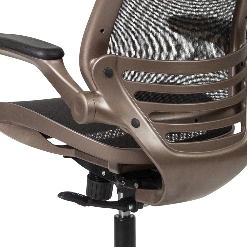 Mid-Back Transparent Black Mesh Executive Swivel Office Chair with Melrose Gold Frame and Flip-Up Arms. Picture 8