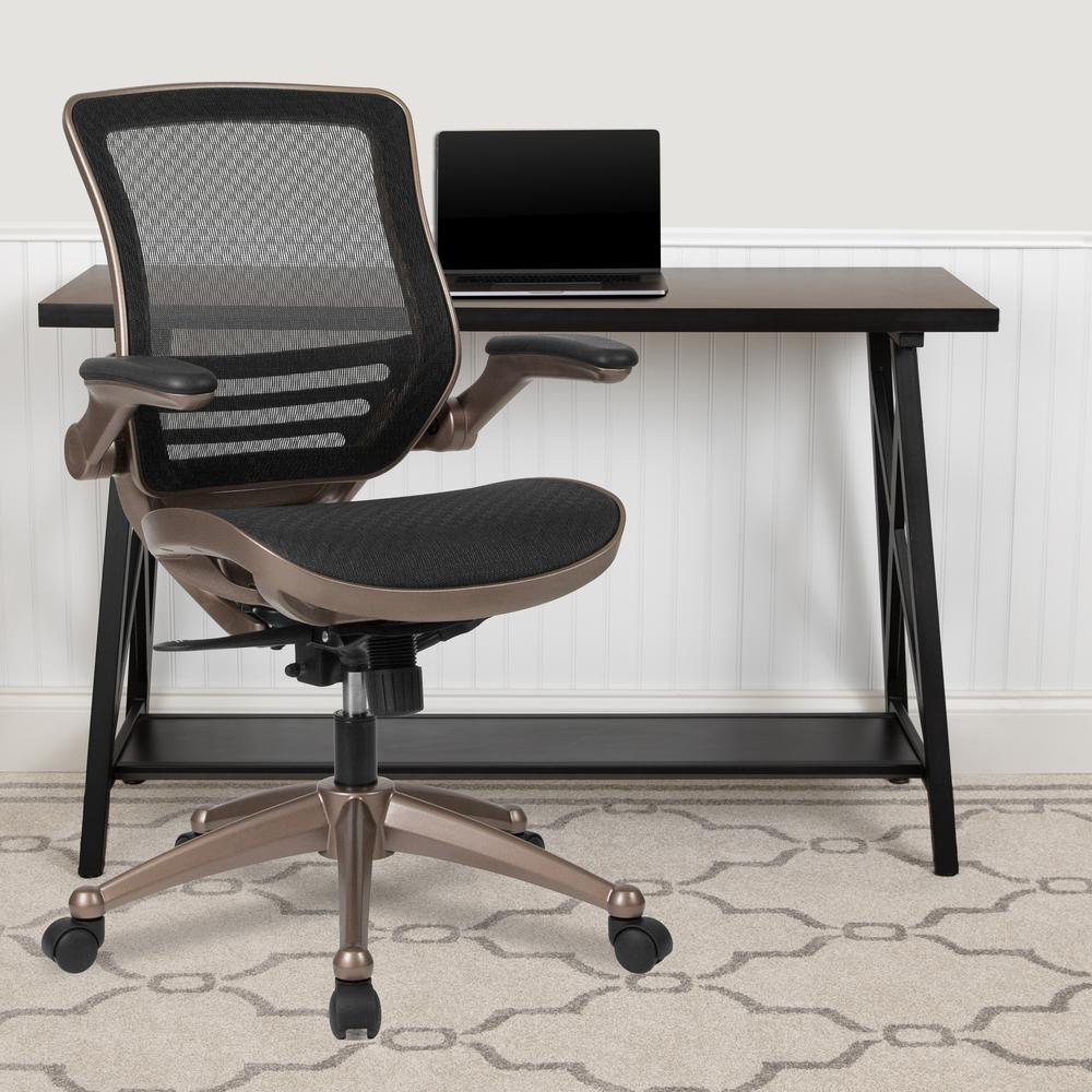 Mid-Back Transparent Black Mesh Executive Swivel Office Chair with Melrose Gold Frame and Flip-Up Arms. Picture 9