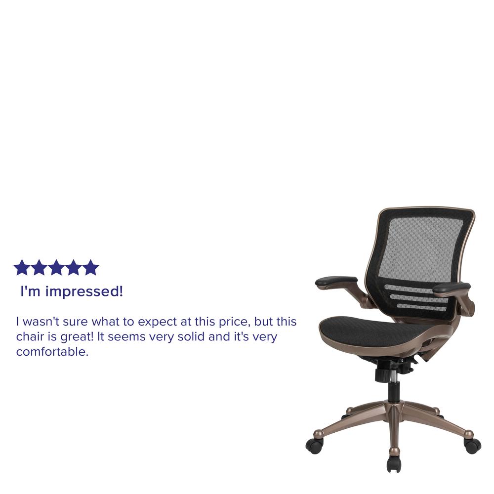 Mid-Back Transparent Black Mesh Executive Swivel Office Chair with Melrose Gold Frame and Flip-Up Arms. Picture 10