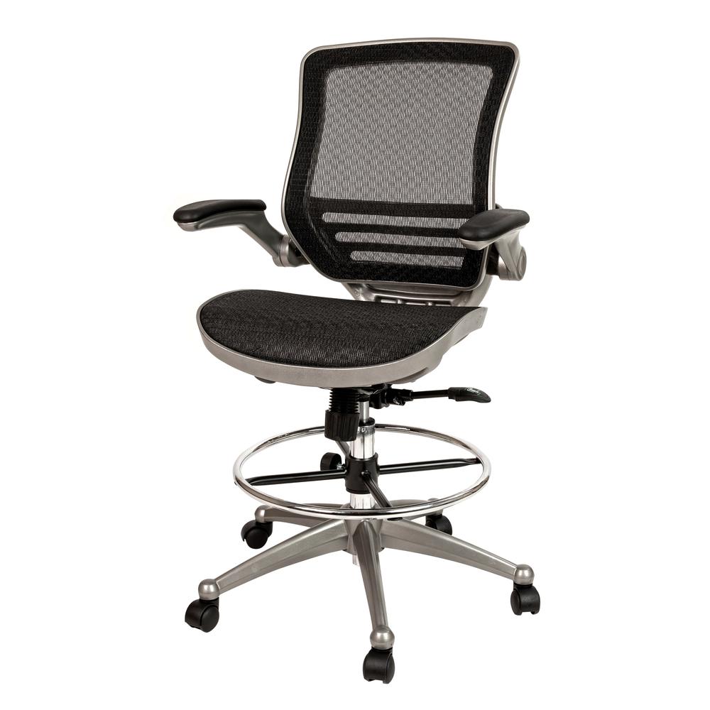Mid-Back Transparent Black Mesh Drafting Chair with Graphite Silver Frame and Flip-Up Arms. The main picture.