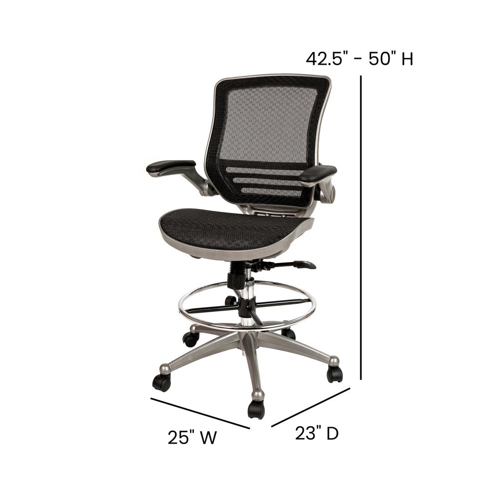 Mid-Back Transparent Black Mesh Drafting Chair with Graphite Silver Frame and Flip-Up Arms. Picture 5