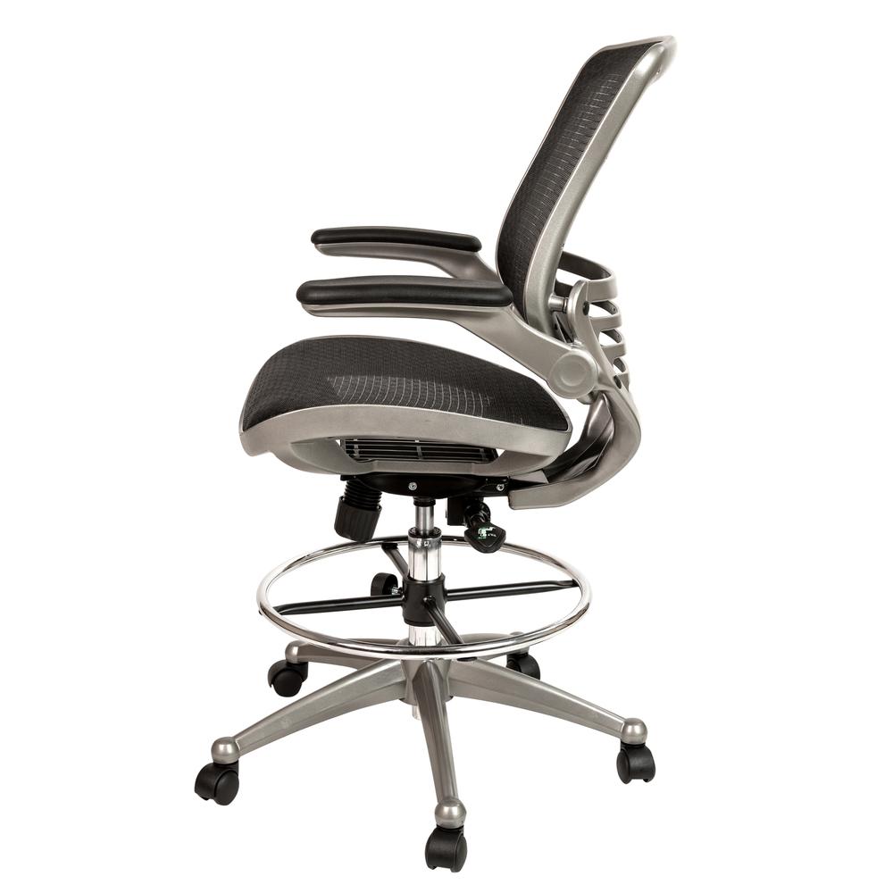Mid-Back Transparent Black Mesh Drafting Chair with Graphite Silver Frame and Flip-Up Arms. Picture 8