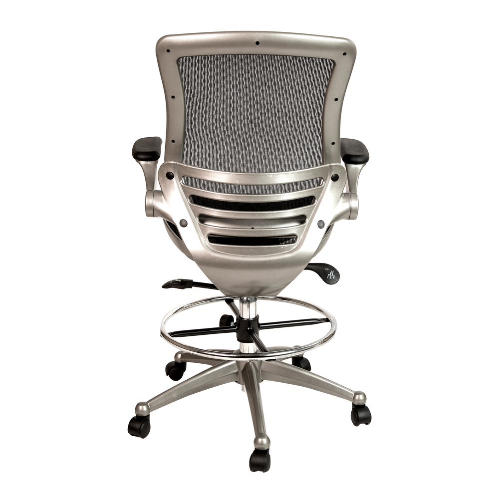 Mid-Back Transparent Black Mesh Drafting Chair with Graphite Silver Frame and Flip-Up Arms. Picture 6