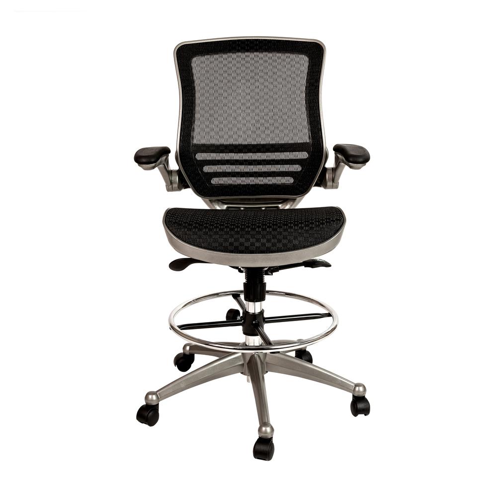 Mid-Back Transparent Black Mesh Drafting Chair with Graphite Silver Frame and Flip-Up Arms. Picture 9