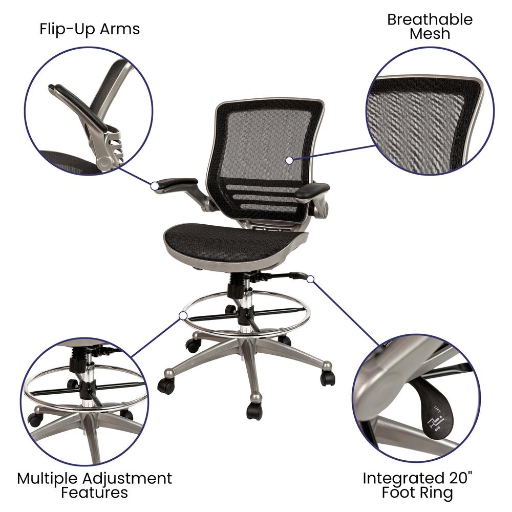 Mid-Back Transparent Black Mesh Drafting Chair with Graphite Silver Frame and Flip-Up Arms. Picture 4