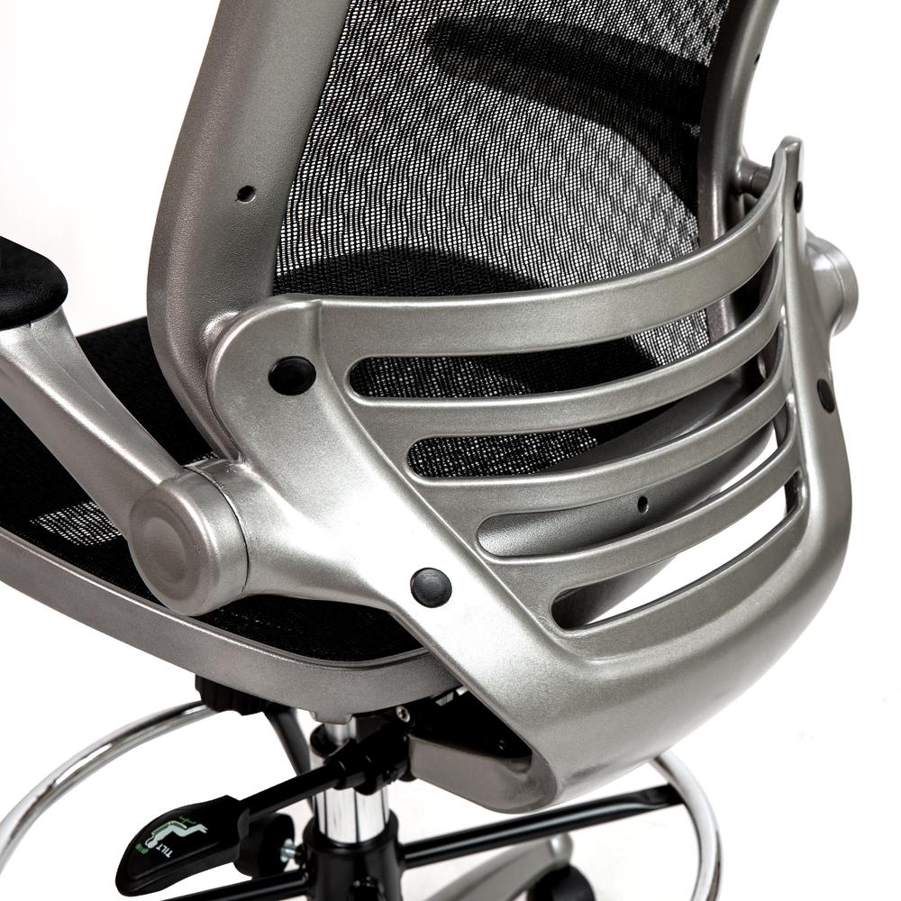 Mid-Back Transparent Black Mesh Drafting Chair with Graphite Silver Frame and Flip-Up Arms. Picture 7