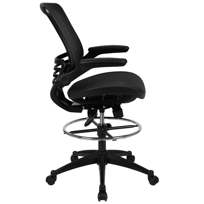 Mid-Back Transparent Black Mesh Drafting Chair with Black Frame and Flip-Up Arms. Picture 2