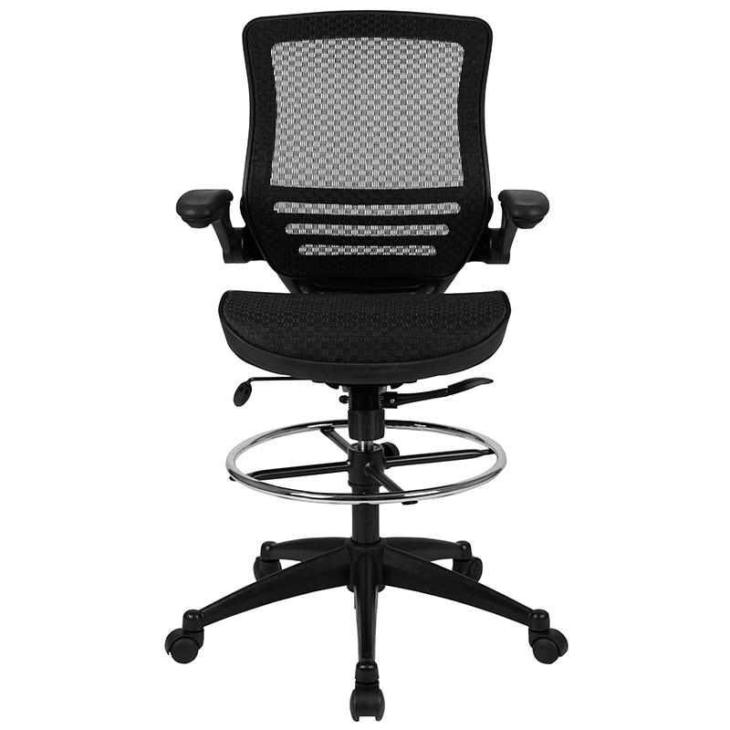 Mid-Back Transparent Black Mesh Drafting Chair with Black Frame and Flip-Up Arms. Picture 4