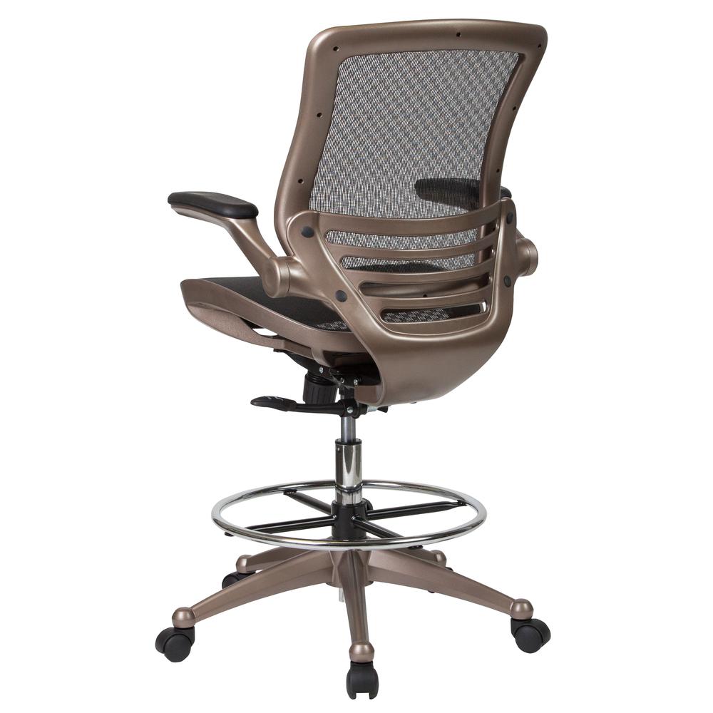 Mid-Back Transparent Black Mesh Drafting Chair with Melrose Gold Frame and Flip-Up Arms. Picture 4