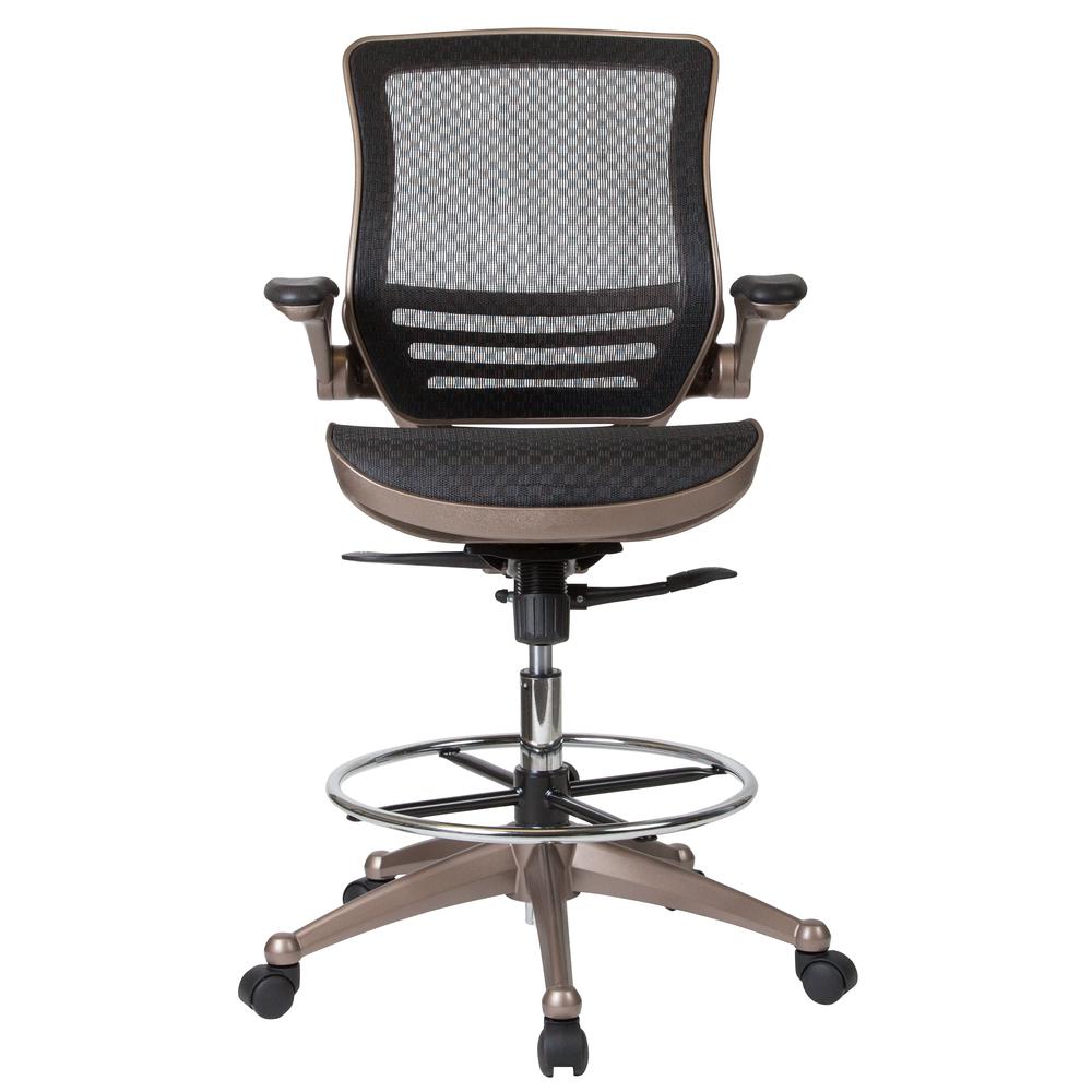 Mid-Back Transparent Black Mesh Drafting Chair with Melrose Gold Frame and Flip-Up Arms. Picture 5