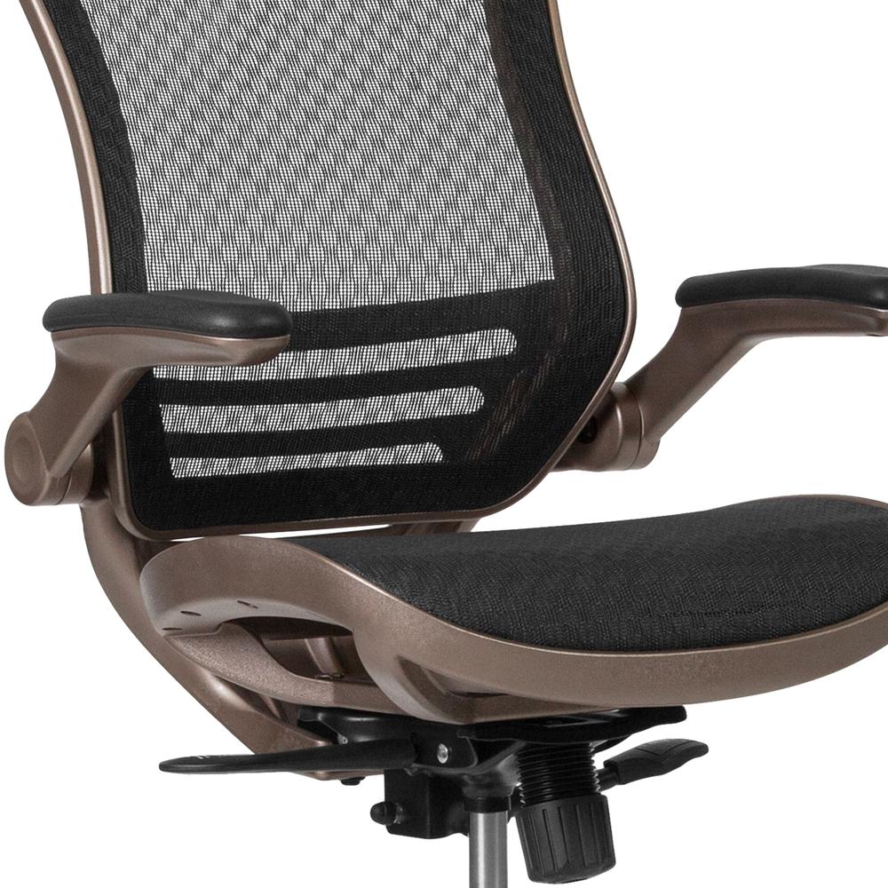 Mid-Back Transparent Black Mesh Drafting Chair with Melrose Gold Frame and Flip-Up Arms. Picture 7