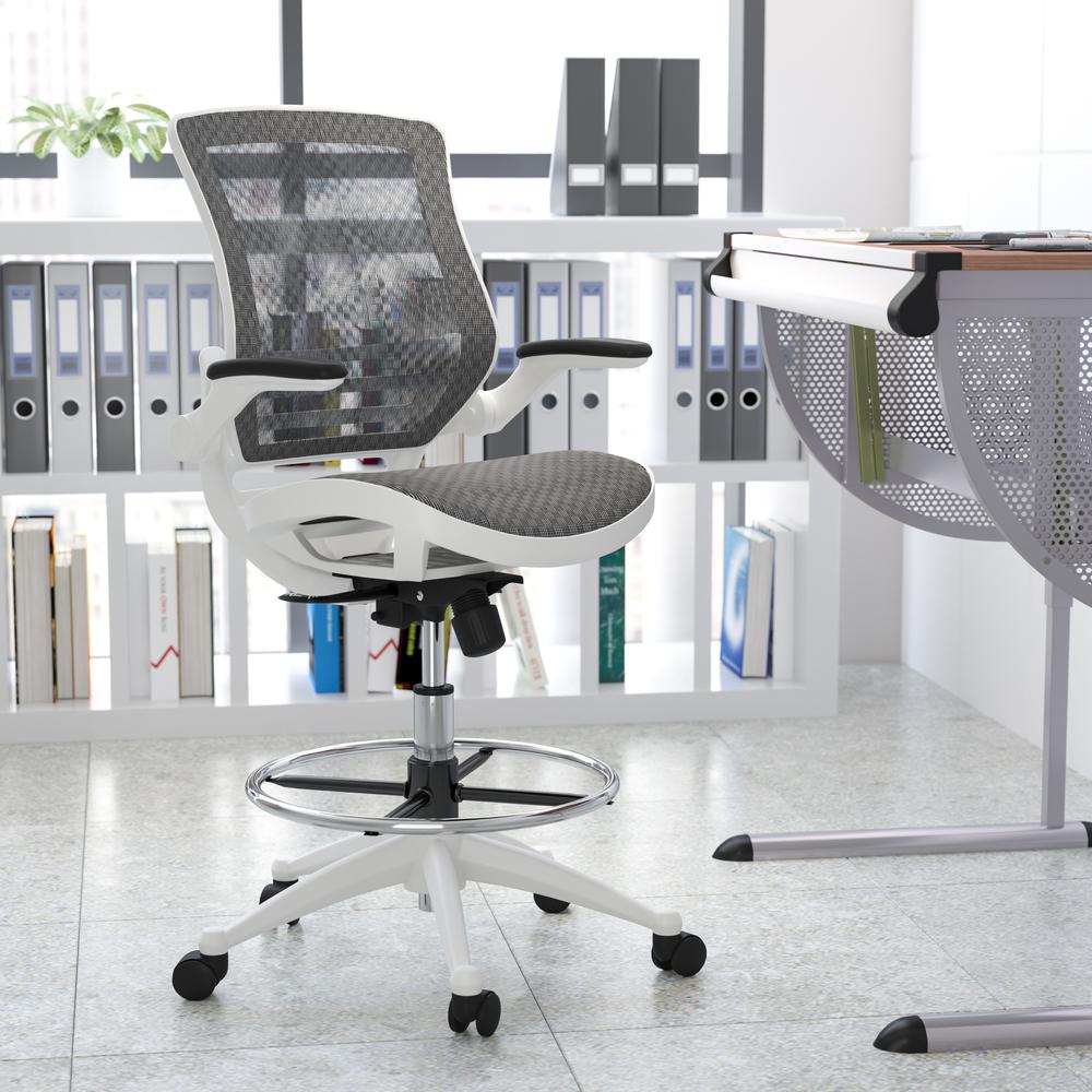 Mid-Back Transparent Gray Mesh Drafting Chair with White Frame and Flip-Up Arms. Picture 1