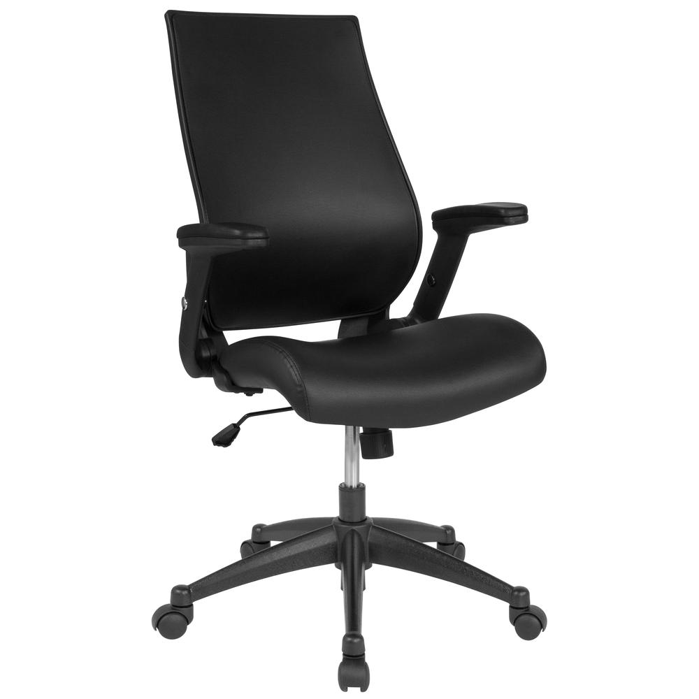 High Back Black LeatherSoft Executive Swivel Office Chair with Molded Foam Seat and Adjustable Arms. Picture 1