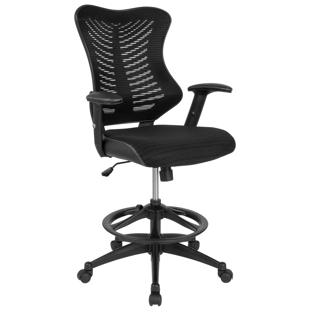 High Back Designer Black Mesh Drafting Chair with LeatherSoft Sides and Adjustable Arms. The main picture.