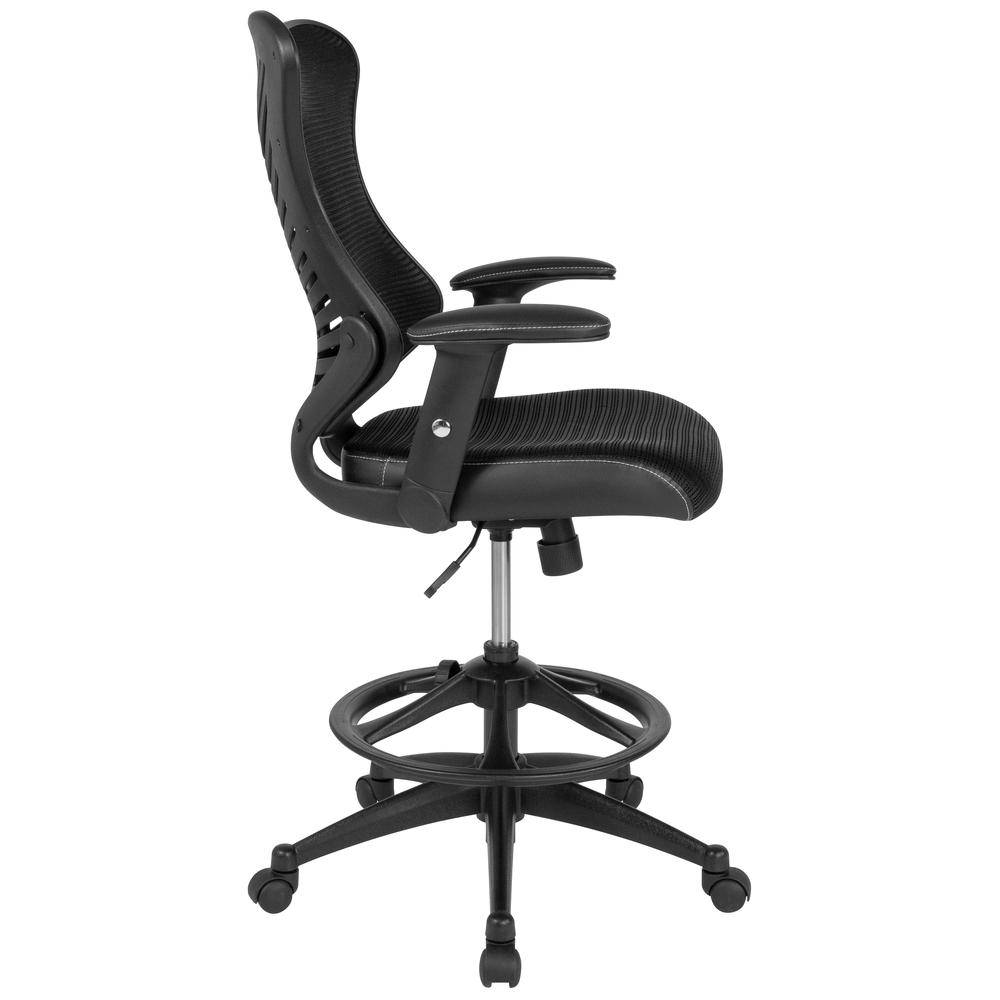 High Back Designer Black Mesh Drafting Chair with LeatherSoft Sides and Adjustable Arms. Picture 2