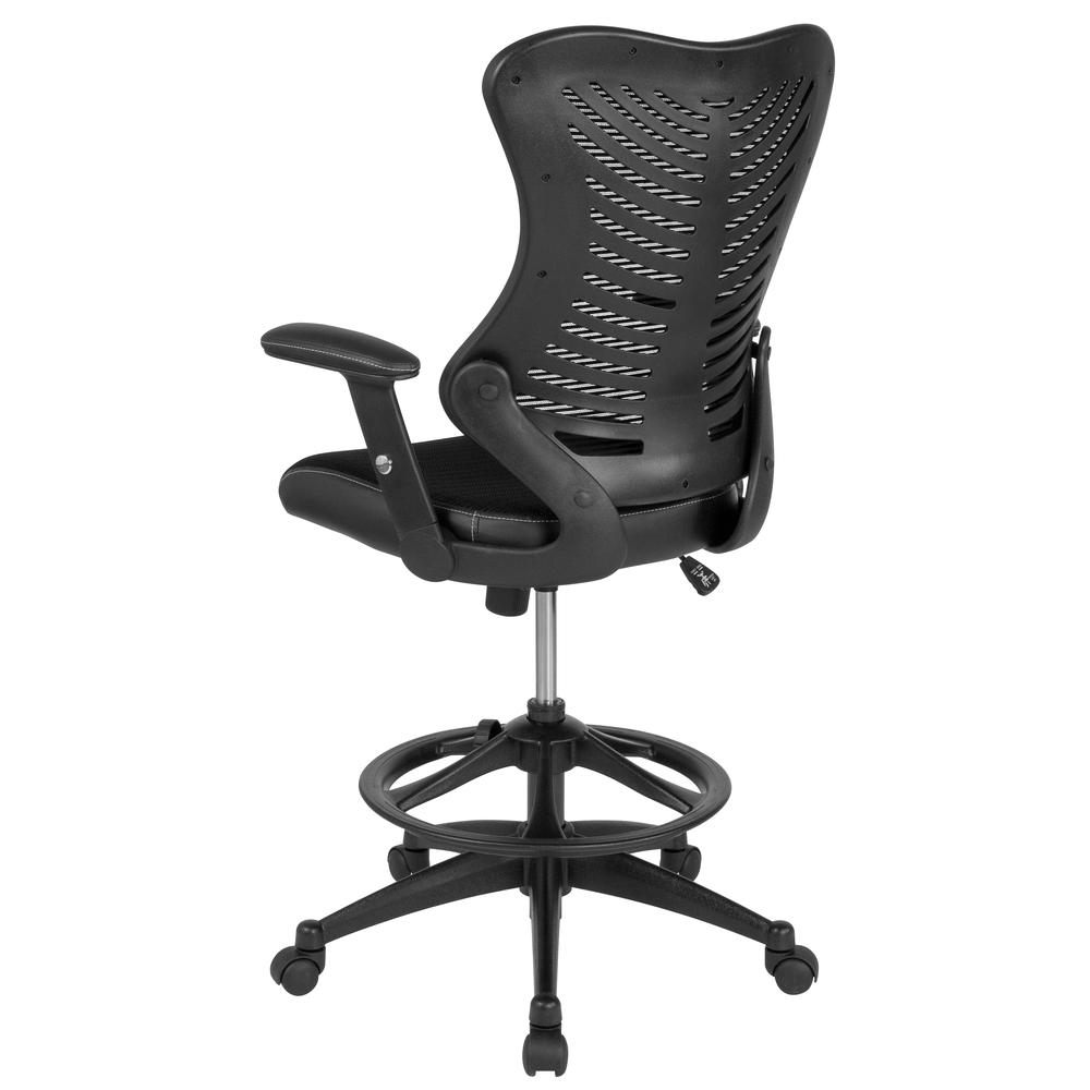 High Back Designer Black Mesh Drafting Chair with LeatherSoft Sides and Adjustable Arms. Picture 3