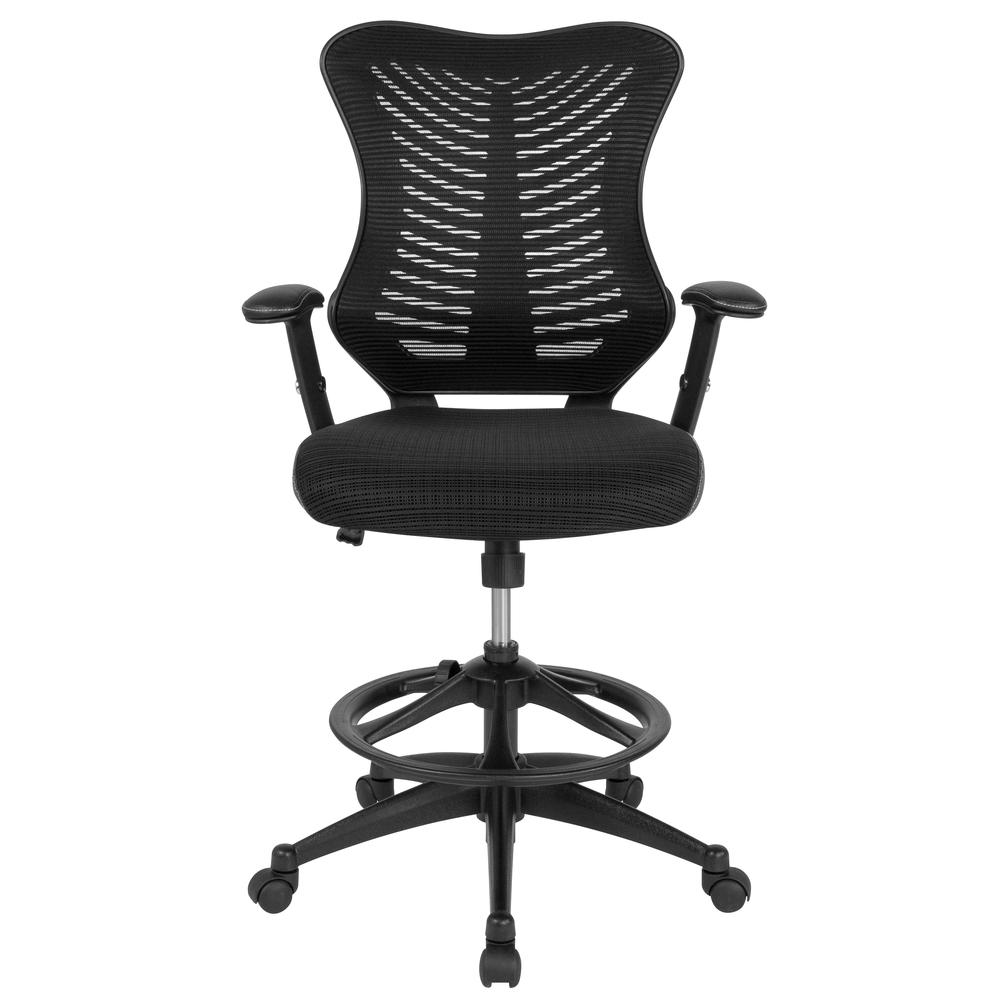 High Back Designer Black Mesh Drafting Chair with LeatherSoft Sides and Adjustable Arms. Picture 4