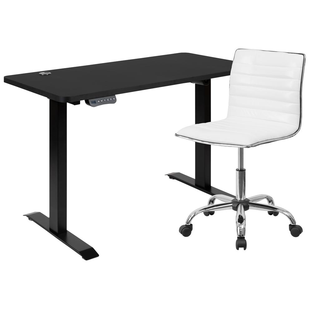 48" Wide Black Electric Height Adjustable Standing Desk with Designer Armless White Ribbed Swivel Task Office Chair. Picture 2