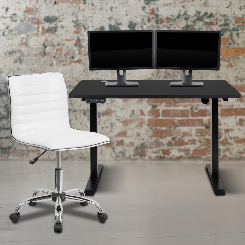 48" Wide Black Electric Height Adjustable Standing Desk with Designer Armless White Ribbed Swivel Task Office Chair. Picture 1